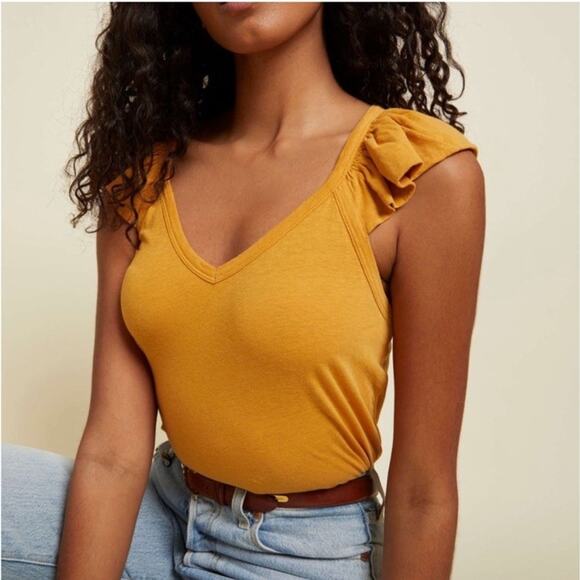 Nation Aven Ruffle Sleeve Top Blouse Mustard Yellow Size Large Boho Fall Casual - Picture 1 of 13